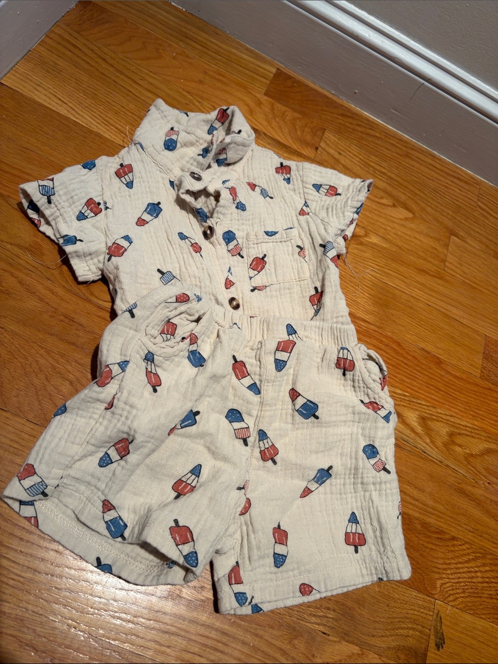 Cream Kids' Short Romper with Red & Blue Popsicle Print
